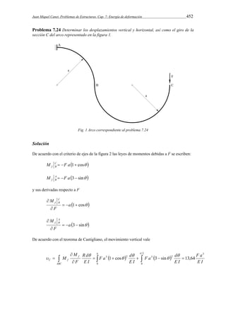 Juan Miquel Canet. Problemas de Estructuras. Cap. 7: Energía de deformación 452 
Problema 7.24 Determinar los desplazamientos vertical y horizontal, así como el giro de la 
sección C del arco representado en la figura 1. 
Fig. 1 Arco correspondiente al problema 7.24 
Solución 
De acuerdo con el criterio de ejes de la figura 2 las leyes de momentos debidas a F se escriben: 
M C  F a 1 cos  
f B 
M A  F a 3  sin  
f B 
y sus derivadas respecto a F 
  1 cos  
M C 
 
 
a 
f B 
F 
  3  sin  
M A 
 
 
a 
f B 
F 
De acuerdo con el teorema de Castigliano, el movimiento vertical vale 
 
   
F a d 
F a d 
R d 
M 
            
 
 
2 
0 
3 
3 2 
0 
3 1 cos 2 3 sin  
13,64 
 
 
 
 
F a 
E I 
E I 
E I 
E I 
F 
M 
ABC 
f 
C f 
 