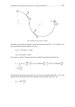 Juan Miquel Canet. Problemas de Estructuras. Cap. 7: Energía de deformación 453 
Fig. 2 Sistema de ejes y fuerzas virtuales 
Para hallar el movimiento horizontal se coloca una fuerza horizontal H  1 en C (figura 2). Las 
leyes de momentos flectores debidas a H valen 
m B H asin asin 
f C     
m A H a cos a cos 
f B   
Por lo tanto, si se aplica el teorema de la fuerza unidad, el movimiento horizontal vale 
F a d 
F a d 
    
u M m R d 
         
C f f 
F a 
E I 
E I 
E I 
E I 
ABC 
3 
2 
0 
3 
0 
3 
0,5 
1 cos sin 3 sin cos 
  
   
  
 
  
 
Procediendo de igual forma para el giro en C (se coloca un momento unidad M  1 en C, que 
produce una ley de momentos flectores constantes en toda la pieza), el giro en C vale 
F a 
E I 
C 
2 
  6,85 
 