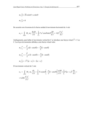 Juan Miquel Canet. Problemas de Estructuras. Cap. 7: Energía de deformación 457 
m B H asin asin 
f D   
C  0 
f B m 
De acuerdo con el teorema de la fuerza unidad el movimiento horizontal de A vale 
F a 
E I 
F a d 
 
    3 cos sin  0,5 
E I 
u M m R d 
E I 
A f f 
ADBC 
3 
2 
 
 
  
 
Análogamente, para hallar el movimiento vertical de C se introduce una fuerza virtual V  1 en 
C. Las leyes de momentos debidas a esta fuerza virtual valen 
m  V a    a  D 
   1 cos  
2 
1 cos 
2 
f A 
m  V a    a  B 
   1 cos  
2 
1 cos 
2 
f D 
m C   V  a  x     a  
x 
 f B 1 1 El movimiento vertical de C vale 
F a x dx 
F a a a d 
       
 
    
M m dx 
C f f 
F a 
E I 
E I 
E I 
E I 
a 
ADBC 
3 
0 
2 1 
1 
2 
1 
1,226 
1 cos 
2 
cos 
 
    
 
 
 
 
   
 