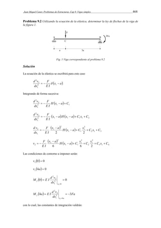 Juan Miquel Canet. Problemas de Estructuras. Cap 9. Vigas simples 468 
Problema 9.2 Utilizando la ecuación de la elástica, determinar la ley de flechas de la viga de 
la figura 1. 
Fig. 1 Viga correspondiente al problema 9.2 
Solución 
La ecuación de la elástica se escribirá para este caso 
d v    4 1 
x a 
F 
E I 
dx 
1 
2 
4 
 
Integrando de forma sucesiva: 
d v   F 
  
2 
  3 1 1 
1 
3 
H x a C 
E I 
dx 
d v   F 
    
2 
    2 1 1 1 1 2 
1 
2 
x a H x a C x C 
E I 
dx 
    2 
1 
2 1 3 
d v     
x a H x a C x C x C 
1 1 
2 
1 
2 
1 
2 2 
F 
E I 
dx 
 
  
 x a  H  x a  C x C x 2 
1 
C x C 
3 1 4 
v F      
2 
3 
1 
1 1 
3 
1 
2 E I 
6 6 2 
 
  
Las condiciones de contorno a imponer serán: 
0 0 2 v  
4  0 2 v a  
0 0 
M E I d v 
  
0 
2 
2 
1 
2 
x  
1 
f dx 
M a E I d v 
  Fa 
4    
3 
f dx 
x a 
4 
2 
2 
1 
2 
1 
 
con lo cual, las constantes de integración valdrán: 
 