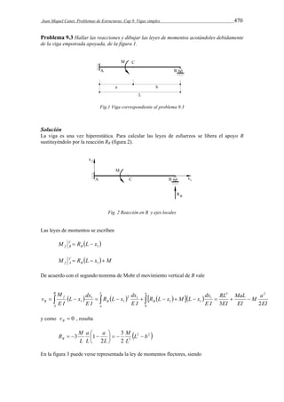 Juan Miquel Canet. Problemas de Estructuras. Cap 9. Vigas simples 470 
Problema 9.3 Hallar las reacciones y dibujar las leyes de momentos acotándoles debidamente 
de la viga empotrada apoyada, de la figura 1. 
Fig.1 Viga correspondiente al problema 9.3 
Solución 
La viga es una vez hiperestática. Para calcular las leyes de esfuerzos se libera el apoyo B 
sustituyéndolo por la reacción RB (figura 2). 
Fig. 2 Reacción en B y ejes locales 
Las leyes de momentos se escriben 
M C 
 R L  
 f B B 
x1 M C 
 R L  x   M f A B 
1 
De acuerdo con el segundo teorema de Mohr el movimiento vertical de B vale 
R L x M L x dx 
R L x dx 
L x dx 
         
M a 
EI 
MaL 
1               
EI 
RL 
EI 
E I 
E I 
E I 
M 
E I 
v 
B 
A 
L 
a 
a 
B B 
f 
B 3 2 
2 
0 
3 
1 
1 1 
2 1 
1 
1 
y como  0 B v , resulta 
R M B     
 2 2  
3 
M 
a 
a 
L 
    
3 1 L b 
2 3 
2 
L 
L 
L 
 
 
En la figura 3 puede verse representada la ley de momentos flectores, siendo 
 