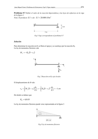 Juan Miquel Canet. Problemas de Estructuras. Cap 9. Vigas simples 478 
Problema 9.7 Hallar el valor de la reacción hiperestática y las leyes de esfuerzos en la viga 
de la figura 1 
Nota: El producto E I v ale E I  20.000 kNm2 
Fig.1 Viga correspondiente al problema 9.7 
Solución 
Para determinar la reacción en B, se libera el apoyo y se sustituye por la reacción RB 
La ley de momentos flectores vale 
  1 M R 5 x f B    
Fig. 2 Reacción en B y ejes locales 
El desplazamiento de B vale: 
5 
R x dx 
v M x dx B f B 
            
0 
5 
1 5 5 1 cm 
0 
2 1 
1 
1 
E I 
E I 
De donde se deduce que 
R kN B  4,8 
La ley de momentos flectores puede verse representada en la figura 3 
Fig.3 Ley de momentos flectores 
 