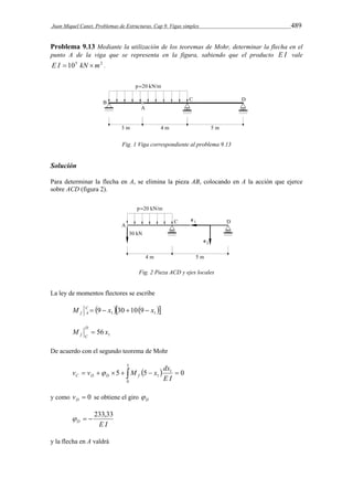 Juan Miquel Canet. Problemas de Estructuras. Cap 9. Vigas simples 489 
Problema 9.13 Mediante la utilización de los teoremas de Mohr, determinar la flecha en el 
punto A de la viga que se representa en la figura, sabiendo que el producto E I vale 
E I  105 kN m2 . 
Fig. 1 Viga correspondiente al problema 9.13 
Solución 
Para determinar la flecha en A, se elimina la pieza AB, colocando en A la acción que ejerce 
sobre ACD (figura 2). 
Fig. 2 Pieza ACD y ejes locales 
La ley de momentos flectores se escribe 
M C   9  x  30  10  9  
x 
 f A 1 1 1 M 56 x D 
f C  
De acuerdo con el segundo teorema de Mohr 
5 
v v M x dx C D D f  
         
1 5 5 0 
0 
1 
E I 
y como  0 D v se obtiene el giro D  
   233,33 
D E I 
y la flecha en A valdrá 
 