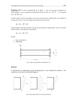 Juan Miquel Canet. Problemas de Estructuras. Cap 9. Vigas simples 498 
Problema 9.17 La barra biempotrada de la figura 1, tiene una sección rectangular de 
0,20 0,50m2 con un coeficiente de dilatación térmico de valor a  104 ºC1 y una rigidez 
E I  104 kN m2 . 
La fibra superior AB está sometida a una ley de incremento de temperaturas, que referida al 
sistema de ejes ( ; ) 1 2 ox ox de la figura viene dado por la expresión: 
 42 60 
2 1 t  x   
La fibra inferior CD está sometida a una ley de incrementos de temperaturas, que con el mismo 
sistema de ejes, viene dado por la expresión: 
 42 10 
1 1 t  x   
Se pide: 
1. Leyes de esfuerzos. 
2. Deformada. 
Fig. 1 Viga correspondiente al problema 9.17 
Solución 
La distribución de temperaturas puede descomponerse en una distribución uniforme y otra 
variable con valor nulo en la directriz (figura 2) 
Fig. 2 Descomposición de la variación térmica 
 