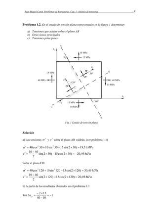 Juan Miquel Canet. Problemas de Estructuras. Cap. 1: Análisis de tensiones 4 
Problema 1.2. En el estado de tensión plana representados en la figura 1 determinar: 
a) Tensiones que actúan sobre el plano AB 
b) Direcciones principales 
c) Tensiones principales 
Fig. 1 Estado de tensión plano 
Solución 
a) Las tensiones   y   sobre el plano AB valdrán, (ver problema 1.1) 
   40cos2 30 10sin2 30 15sin(230)  19,51MPa 
10 40      
sin(2 30) 15cos(2 30) 20,49MPa 
 
2 
   
Sobre el plano CD: 
   40cos2 120 10sin2 120 15sin(2120)  30,49MPa 
10 40     
sin(2 120) 15cos(2 120) 20,49MPa 
 
2 
   
b) A partir de los resultados obtenidos en el problema 1.1 
tan 2 2 15   
1 
  
 p  
40  
10 
 
