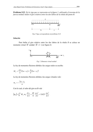 Juan Miquel Canet. Problemas de Estructuras. Cap 9. Vigas simples 509 
Problema 9.23 En la viga que se representa en la figura 1, utilizando el teorema de la 
fuerza unidad, hallar el giro relativo entre los dos labios de la rótula del punto B. 
Fig.1 Viga correspondiente al problema 9.23 
Solución 
Para hallar el giro relativo entre los dos labios de la rótula B se coloca un 
momento virtual M unidad: M  1 (ver figura 2) 
Fig. 2. Momento virtual unidad 
La ley de momentos flectores debida a las cargas reales se escribe: 
M p a a x p a x f     
   2 
1 1 3 
2 
3 
2 
La ley de momentos flectores debida a las cargas virtuales vale: 
m a x f 
1 3  
a 
  
Con lo cual, el salto del giro en B vale 
  
3 p a 
3 
0 
E I 
p a 
    45  
E I 
M m d x a 
E I 
B f f 
3 
1 5,625 
8 
 