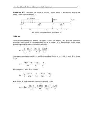Juan Miquel Canet. Problemas de Estructuras. Cap 9. Vigas simples 511 
Problema 9.25 Utilizando las tablas de flechas y giros, hallar el movimiento vertical del 
punto E en la viga de la figura 1. 
Fig. 1 Viga correspondiente al problema 9.25 
Solución 
Se corta la estructura por el punto C y se separa el trozo ABC (figura 2 a)). A su vez, separando 
el trozo AB se obtiene la viga simple indicada en la figura 2 b). A partir de esta última figura 
(tomando positivo el sentido antihorario de giro): 
46,667 
  
45 4 
1 40 43 
 
B EI EI 
3 
24 
   
  
 
 
  
Si se toma como flecha positiva el sentido descendente, la flecha en C vale (a partir de la figura 
2 a)): 
EI EI EI 
vc 
46,667 3 15 33 5 
  
 
 
 
  
Por otra parte, a partir de la figura 3 
20 2 
20 2 
EI EI EI EI 
vc 
D 
15,83 
3 
2 
5 
3 
2 
  
 
   
 
   
Con lo cual, el desplazamiento vertical del punto E valdrá 
2 15,83 10 2 
2 10 2 
EI EI EI EI 
v E D 
58,34 
3 
3 
3 3 
 
 
 
 
 
 
    
 