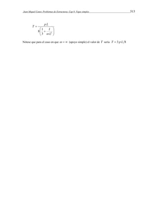 Juan Miquel Canet. Problemas de Estructuras. Cap 9. Vigas simples 513 
 
  
 
8 1 
  
 
 
I 
3 2 
L 
T p L 
 
Nótese que para el caso en que    (apoyo simple) el valor de T sería T  3 p L 8 
 