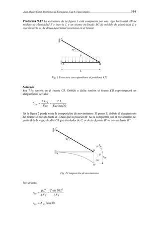 Juan Miquel Canet. Problemas de Estructuras. Cap 9. Vigas simples 514 
Problema 9.27 La estructura de la figura 1 está compuesta por una viga horizontal AB de 
módulo de elasticidad E e inercia I, y un tirante inclinado BC de módulo de elasticidad E y 
sección recta ω. Se desea determinar la tensión en el tirante. 
Fig. 1 Estructura correspondiente al problema 9.27 
Solución 
Sea T la tensión en el tirante CB. Debido a dicha tensión el tirante CB experimentará un 
alargamiento de valor 
T L 
T LCB 
CB    
 E cos30 
E 
En la figura 2 puede verse la composición de movimientos: El punto B, debido al alargamiento 
del tirante se moverá hasta B’. Dado que la posición B’ no es compatible con el movimiento del 
punto B de la viga, el cable CB gira alrededor de C, es decir el punto B’ se moverá hasta B’’. 
Fig. 2 Composición de movimientos 
Por lo tanto, 
v p L B 3 
T L 
E I 
E I 
sin 30 
8 
4 3 
2   
sin 30 2B BC v   
 