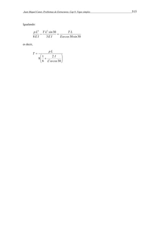 Juan Miquel Canet. Problemas de Estructuras. Cap 9. Vigas simples 515 
Igualando: 
30 
T L 
T L sin 
3 30 30 
p L 
8 
4 3 
E cos sin 
E I 
E I 
 
  
es decir, 
 
  
 
8 1 L2 cos 
  
 
 
30 
2 
6 
I 
T p L 
 
 
