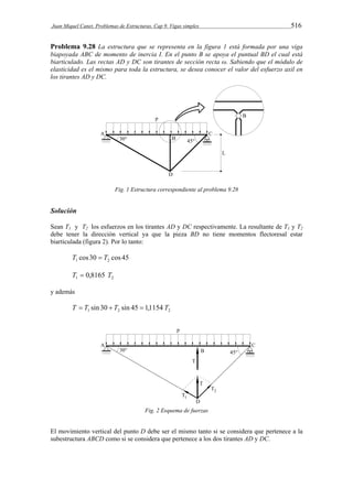 Juan Miquel Canet. Problemas de Estructuras. Cap 9. Vigas simples 516 
Problema 9.28 La estructura que se representa en la figura 1 está formada por una viga 
biapoyada ABC de momento de inercia I. En el punto B se apoya el puntual BD el cual está 
biarticulado. Las rectas AD y DC son tirantes de sección recta ω. Sabiendo que el módulo de 
elasticidad es el mismo para toda la estructura, se desea conocer el valor del esfuerzo axil en 
los tirantes AD y DC. 
Fig. 1 Estructura correspondiente al problema 9.28 
Solución 
Sean T1 y T2 los esfuerzos en los tirantes AD y DC respectivamente. La resultante de T1 y T2 
debe tener la dirección vertical ya que la pieza BD no tiene momentos flectoresal estar 
biarticulada (figura 2). Por lo tanto: 
cos30 cos 45 1 2 T  T 
1 2 T  0,8165 T 
y además 
1 2 2 T  T sin 30  T sin 45  1,1154 T 
Fig. 2 Esquema de fuerzas 
El movimiento vertical del punto D debe ser el mismo tanto si se considera que pertenece a la 
subestructura ABCD como si se considera que pertenece a los dos tirantes AD y DC. 
 