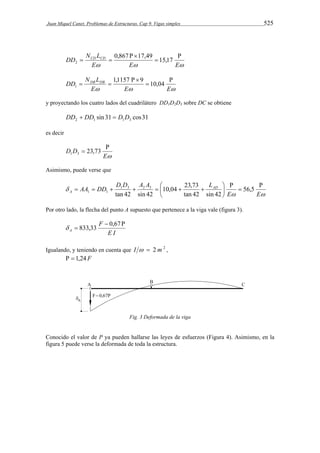 Juan Miquel Canet. Problemas de Estructuras. Cap 9. Vigas simples 525 
N L 
  
  0,867 17,49 15,17 
2 
 
DD CD CD  
E E E 
DD NDBLDB  
  
  1,1157 9  
10,04 
1 
E E E 
y proyectando los cuatro lados del cuadrilátero DD1D2D3 sobre DC se obtiene 
sin 31 cos31 2 1 1 3 DD  DD  D D 
es decir 
D D  
E 
 23,73 1 3 
Asimismo, puede verse que 
10,04 23,73 
        56,5 
  
 
E E 
AA DD D D A A LAD 
A 
 
 
 
 
 
 
tan 42 sin 42 
1 3 2 3 
tan 42 sin 42 
1 1 
Por otro lado, la flecha del punto A supuesto que pertenece a la viga vale (figura 3). 
  833,33 0,67 
E I 
F 
A 
  
Igualando, y teniendo en cuenta que I   2 m 2 , 
  1,24 F 
Fig. 3 Deformada de la viga 
Conocido el valor de P ya pueden hallarse las leyes de esfuerzos (Figura 4). Asimismo, en la 
figura 5 puede verse la deformada de toda la estructura. 
 