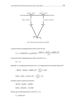 Juan Miquel Canet. Problemas de Estructuras. Cap 9. Vigas simples 529 
Fig. 2 Descomposición de fuerzas en BCD 
La proyección de los desplazamientos sobre la recta AD vale 
v   u   
T T D D 
E I 
6 
1 2 
1 
 sin 18,45 cos 18,45 96,81  20,49  0,0805  
10 
    
La proyección de los desplazamientos sobre la recta DD’ es uD 
2 D   u 
Igualando 1  al alargamiento del tirante AD y 2  al alargamiento de la mitad del tirante DD’: 
T T 6 
E I 
1 2      T  
96,81 20,49 0,0805 10 15,81 1 
E 
 
T T 6 
E I 
1 2      T  
8,59 345 0,3118 10 15 2 
E 
 
de donde resulta el sistema de ecuaciones 
98,32 20,49 80.500 1 2 T  T  
8,59 349,43 311.800 1 2 T  T  
Sistema que resuelto proporciona el valor de 1 T y 2 T . 
T 634,47 kN 1  
 