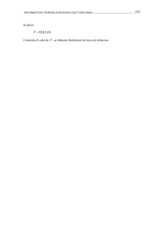 Juan Miquel Canet. Problemas de Estructuras. Cap 9. Vigas simples 532 
Es decir: 
T  828,5 kN 
Conocido el valor de T , se obtienen fácilmente las leyes de esfuerzos. 
 