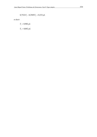 Juan Miquel Canet. Problemas de Estructuras. Cap 9. Vigas simples 539 
0,7522T 0,3949T 0,333 pL 1 2   
es decir: 
T 0,906 pL 1  
T 0,882 pL 2  
 