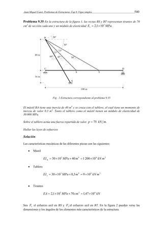 Juan Miquel Canet. Problemas de Estructuras. Cap 9. Vigas simples 540 
Problema 9.35 En la estructura de la figura 1, las rectas BS y BT representan tirantes de 70 
cm2 de sección cada uno y un módulo de elasticidad E 2,1 105MPa. t   
Fig. .1 Estructura correspondiente al problema 9.35 
El mástil BA tiene una inercia de 40 m4 y se cruza con el tablero, el cual tiene un momento de 
inercia de valor 0,3 m4. Tanto el tablero como el mástil tienen un módulo de elasticidad de 
30.000 MPa. 
Sobre el tablero actúa una fuerza repartida de valor p  75 kN m. 
Hallar las leyes de esfuerzos 
Solución 
Las características mecánicas de las diferentes piezas son las siguientes: 
 Mástil 
EI 30 103MPa 40m4 1 200 106 kN m2 m      
 Tablero 
EI 30 103MPa 0,3m4 9 106 kN m2 v      
 Tirantes 
EA  2,1105MPa  70cm2  1,47 106 kN 
Sea 1 F el esfuerzo axil en BS y 2 F el esfuerzo axil en BT. En la figura 2 pueden verse las 
dimensiones y los ángulos de los elementos más característicos de la estructura. 
 