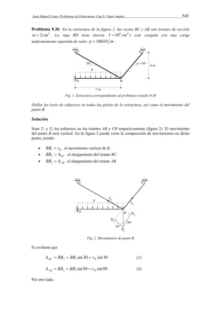 Juan Miquel Canet. Problemas de Estructuras. Cap 9. Vigas simples 545 
Problema 9.36 En la estructura de la figura 1, las rectas BC y AB son tirantes de sección 
  2cm2 . La viga BD tiene inercia I  106 cm4 y está cargada con una carga 
uniformemente repartida de valor p  100kN m . 
Fig. 1. Estructura correspondiente al problema resuelto 9.36 
Hallar las leyes de esfuerzos en todas las piezas de la estructura, así como el movimiento del 
punto B. 
Solución 
Sean T1 y T2 los esfuerzos en los tirantes AB y CB respectivamente (figura 2). El movimiento 
del punto B será vertical. En la figura 2 puede verse la composición de movimientos en dicho 
punto, siendo: 
 B BB  v 1 el movimiento vertical de B. 
 BC BB   2 el alargamiento del tirante BC. 
 AB BB   3 el alargamiento del tirante AB. 
Fig. 2. Movimientos de punto B 
Es evidente que 
sin 30 sin 30 BC 2 1 B   BB  BB  v (1) 
sin 50 sin 50 AB 3 1 B   BB  BB  v (2) 
Por otro lado, 
 