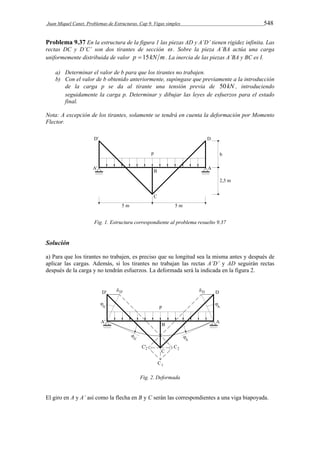 Juan Miquel Canet. Problemas de Estructuras. Cap 9. Vigas simples 548 
Problema 9.37 En la estructura de la figura 1 las piezas AD y A’D’ tienen rigidez infinita. Las 
rectas DC y D’C’ son dos tirantes de sección  . Sobre la pieza A’BA actúa una carga 
uniformemente distribuida de valor p  15kN m. La inercia de las piezas A’BA y BC es I. 
a) Determinar el valor de b para que los tirantes no trabajen. 
b) Con el valor de b obtenido anteriormente, supóngase que previamente a la introducción 
de la carga p se da al tirante una tensión previa de 50kN , introduciendo 
seguidamente la carga p. Determinar y dibujar las leyes de esfuerzos para el estado 
final. 
Nota: A excepción de los tirantes, solamente se tendrá en cuenta la deformación por Momento 
Flector. 
Fig. 1. Estructura correspondiente al problema resuelto 9.37 
Solución 
a) Para que los tirantes no trabajen, es preciso que su longitud sea la misma antes y después de 
aplicar las cargas. Además, si los tirantes no trabajan las rectas A’D’ y AD seguirán rectas 
después de la carga y no tendrán esfuerzos. La deformada será la indicada en la figura 2. 
Fig. 2. Deformada 
El giro en A y A’ así como la flecha en B y C serán las correspondientes a una viga biapoyada. 
 