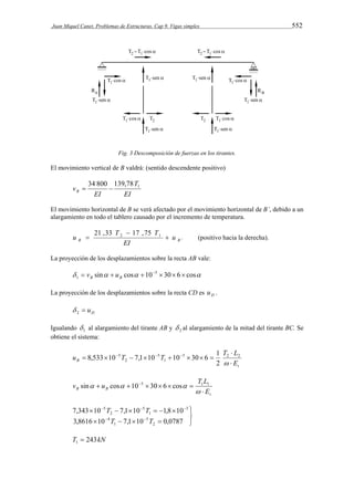 Juan Miquel Canet. Problemas de Estructuras. Cap 9. Vigas simples 552 
Fig. 3 Descomposición de fuerzas en los tirantes. 
El movimiento vertical de B valdrá: (sentido descendente positivo) 
EI 
T 
EI 
vB 
34 800 139,78 1   
El movimiento horizontal de B se verá afectado por el movimiento horizontal de B’, debido a un 
alargamiento en todo el tablero causado por el incremento de temperatura. 
 (positivo hacia la derecha). 
' 
 
u 21 ,33 T 17 ,75 
T 2 1  
B B u 
EI 
La proyección de los desplazamientos sobre la recta AB vale: 
  v sin  u 
cos  10  5  30  6  
cos 
1 B B La proyección de los desplazamientos sobre la recta CD es D u . 
D  u 2  
Igualando 1  al alargamiento del tirante AB y 2  al alargamiento de la mitad del tirante BC. Se 
obtiene el sistema: 
u T T T L 
8,533 10 7,1 10 10 30 6 1 
5 2 2 
t 
 
B  
E 
           
 
1 
5 
2 
5 
2 
t 
v u T L 
sin cos 10 5 30 6 cos 1 1 
B B  
E 
       
 
   
5 
T T 
   
T T 
7,343  10  7,1  10   1,8  
10 
  
3,8616  10  7,1  10  
0,0787 
2 
5 
1 
4 
3 
1 
5 
2 
T 243kN 1  
 