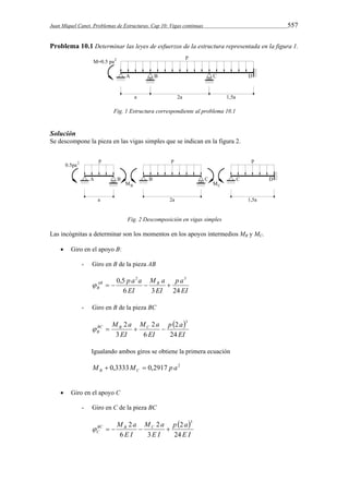 Juan Miquel Canet. Problemas de Estructuras. Cap 10: Vigas continuas 557 
Problema 10.1 Determinar las leyes de esfuerzos de la estructura representada en la figura 1. 
Fig. 1 Estructura correspondiente al problema 10.1 
Solución 
Se descompone la pieza en las vigas simples que se indican en la figura 2. 
Fig. 2 Descomposición en vigas simples 
Las incógnitas a determinar son los momentos en los apoyos intermedios MB y MC. 
 Giro en el apoyo B: 
- Giro en B de la pieza AB 
0,5 2 3 
AB p a a B 
B 6 3 24 
p a 
EI 
M a 
     
EI 
EI 
- Giro en B de la pieza BC 
  
EI 
M a BC B C 
B 24 
p a 
M a 
EI 
EI 
2 
6 
2 
3 
2 3 
    
Igualando ambos giros se obtiene la primera ecuación 
M 0,3333M 0,2917 p a2 B C   
 Giro en el apoyo C 
- Giro en C de la pieza BC 
  
E I 
M a BC B C 
C 24 
p a 
M a 
E I 
E I 
2 
3 
2 
6 
2 3 
     
 