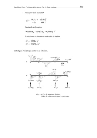 Juan Miquel Canet. Problemas de Estructuras. Cap 10: Vigas continuas 558 
- Giro en C de la pieza CD 
  
E I 
M a CD C 
C 48 
p a 
E I 
1,5 
4 
1,5 3 
   
Igualando ambos giros 
0,3333M 1,0417M 0,4036 p a2 B C   
Resolviendo el sistema de ecuaciones se obtiene 
M 0,182 p a2 B  
M 0,3292 p a2 C  
En la figura 3 se dibujan las leyes de esfuerzos. 
Fig. 3: a) Ley de momentos flectores. 
b) Ley de esfuerzos cortantes y reacciones. 
 