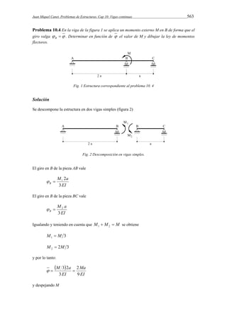 Juan Miquel Canet. Problemas de Estructuras. Cap 10: Vigas continuas 563 
Problema 10.4 En la viga de la figura 1 se aplica un momento externo M en B de forma que el 
giro valga   B . Determinar en función de  el valor de M y dibujar la ley de momentos 
flectores. 
Fig. 1 Estructura correspondiente al problema 10. 4 
Solución 
Se descompone la estructura en dos vigas simples (figura 2) 
Fig. 2 Descomposición en vigas simples. 
El giro en B de la pieza AB vale 
M a 
2   1 
EI 
B 3 
El giro en B de la pieza BC vale 
M a 
  2 
EI 
B 3 
Igualando y teniendo en cuenta que M  M  M 1 2 se obtiene 
3 1 M  M 
2 3 2 M  M 
y por lo tanto: 
  
Ma 
EI 
M a 
  3 2  
EI 
2 
9 
3 
y despejando M 
 