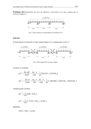 Juan Miquel Canet. Problemas de Estructuras. Cap 10: Vigas continuas 565 
Problema 10.5 Determinar las leyes de esfuerzos y reacciones en la viga continua que se 
acota en la figura 1. 
Fig. 1 Viga continua correspondiente al problema 10.5 
Solución 
Se descompone la estructura en vigas simples (figura 2) y se igualan giros en B y C. 
Fig. 2 Descomposición en vigas simples 
Los giros se escribirán 
   B 
20 4 3 
AB B 
B M 
EI EI 
M 
EI 
1 53,3333 1,3333 
3 
4 
24 
  
 
 
 
  
 B C 
20 53 
BC B C 
B M M 
EI EI 
M 
EI 
M 
EI 
1 104,1666 1,6667 0,8333 
6 
5 
3 
5 
24 
    
 
 
 
 
 
   
También puede escribirse 
  1  
  B 
AB 
B M 
EI 
160 4 
3 
  1    
 B C 
BC 
B M M 
EI 
312,5 5 2,5 
3 
Igualando: 
B C 472,5  9M  2,5M 
 