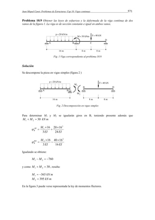 Juan Miquel Canet. Problemas de Estructuras. Cap 10: Vigas continuas 571 
Problema 10.9 Obtener las leyes de esfuerzos y la deformada de la viga contínua de dos 
vanos de la figura 1. La viga es de sección constante e igual en ambos vanos. 
Fig. 1 Viga correspondiente al problema 10.9 
Solución 
Se descompone la pieza en vigas simples (figura 2 ) 
Fig. 2 Descomposición en vigas simples 
Para determinar M1 y M2 se igualarán giros en B, teniendo presente además que 
M M 30 kN m 1 2   
AB M 
B 24 
20 16 
EI EI 
3 
16 3 
1  
 
 
  
BD M 
B 16 
40 16 
EI EI 
3 
16 2 
2  
 
 
  
Igualando se obtiene: 
760 1 2 M  M   
y como 30 1 2 M  M  , resulta: 
M 365 kN m 1   
M 395 kN m 2  
En la figura 3 puede verse representada la ley de momentos flectores. 
 