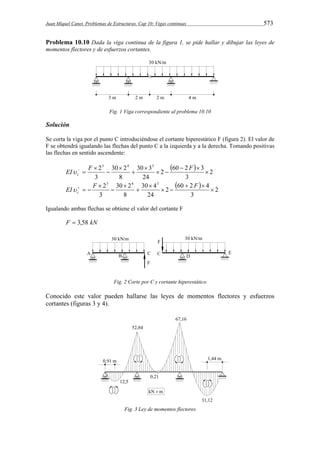 Juan Miquel Canet. Problemas de Estructuras. Cap 10: Vigas continuas 573 
Problema 10.10 Dada la viga continua de la figura 1, se pide hallar y dibujar las leyes de 
momentos flectores y de esfuerzos cortantes. 
Fig. 1 Viga correspondiente al problema 10.10 
Solución 
Se corta la viga por el punto C introduciéndose el cortante hiperestático F (figura 2). El valor de 
F se obtendrá igualando las flechas del punto C a la izquierda y a la derecha. Tomando positivas 
las flechas en sentido ascendente: 
  
2 
EI   F F c  
2 60 2 3 
3 
30 3 
24 
30 2 
8 
3 
23 4 3 
 
  
  
 
 
 
 
 
  
2 
EI    F F c  
2 60 2 4 
3 
30 4 
24 
30 2 
8 
3 
23 4 3 
 
  
  
 
 
 
 
 
Igualando ambas flechas se obtiene el valor del cortante F 
F  3,58 kN 
Fig. 2 Corte por C y cortante hiperestático 
Conocido este valor pueden hallarse las leyes de momentos flectores y esfuerzos 
cortantes (figuras 3 y 4). 
Fig. 3 Ley de momentos flectores 
 