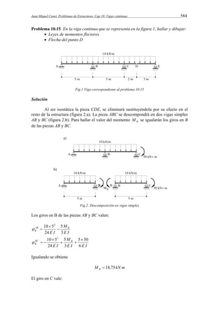 Juan Miquel Canet. Problemas de Estructuras. Cap 10: Vigas continuas 584 
Problema 10.15 En la viga continua que se representa en la figura 1, hallar y dibujar: 
 Leyes de momentos flectores 
 Flecha del punto D 
Fig.1 Viga correspondiente al problema 10.15 
Solución 
Al ser isostática la pieza CDE, se eliminará sustituyéndola por su efecto en el 
resto de la estructura (figura 2.a). La pieza ABC se descompondrá en dos vigas simples 
AB y BC (figura 2.b). Para hallar el valor del momento B M se igualarán los giros en B 
de las piezas AB y BC. 
Fig.2. Descomposición en vigas simples 
Los giros en B de las piezas AB y BC valen: 
M 
10 53 
AB B 
B E I 
3 
E I 
5 
24 
 
 
  
M 
10 53 5 
 
BC B 
B 6 
E I E I 
E I 
5 50 
3 
24 
  
 
   
Igualando se obtiene 
M kN m B  18,75 
El giro en C vale: 
 