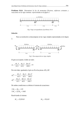 Juan Miquel Canet. Problemas de Estructuras. Cap 10: Vigas continuas 586 
Problema 10.16 Determinar la ley de momentos flectores, esfuerzos cortantes y 
reacciones en la viga continua representada en la figura 1 
Fig.1 Viga correspondiente al problema 10.16 
Solución 
Para su resolución se descompone en las vigas simples representadas en la figura 
2. 
Fig.2. Descomposición en vigas simples 
El giro en el punto A debe ser nulo: 
0 
20 5 
24 
M M 
A B 
6 
5 
3 
5 3 
 
 
   
E I E I 
E I 
A  
Por otro lado, igualando el giro en B en las piezas AB y BC: 
AB M M 
A B 
B 24 
E I E I 
E I 
20 5 
3 
5 
6 
5  3 
     
MBC B 
B 24 
20 6 
40 6 
E I 6 
E I E I 
3 
6  3 
 
 
   
De ambas condiciones se obtiene el sistema de ecuaciones: 
2   125 A B M M 
5  22  1465 A B M M 
Resolviendo el sistema: 
M kN A  32,95 M kN B  59,1 
 