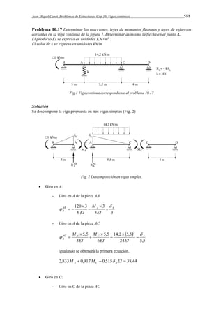 Juan Miquel Canet. Problemas de Estructuras. Cap 10: Vigas continuas 588 
Problema 10.17 Determinar las reacciones, leyes de momentos flectores y leyes de esfuerzos 
cortantes en la viga continua de la figura 1. Determinar asimismo la flecha en el punto A.. 
El producto EI se expresa en unidades KN×m2 . 
El valor de k se expresa en unidades kN/m. 
Fig.1 Viga continua correspondiente al problema 10.17 
Solución 
Se descompone la viga propuesta en tres vigas simples (Fig. 2) 
Fig. 2 Descomposición en vigas simples. 
 Giro en A: 
- Giro en A de la pieza AB 
3 
 
AB 120 3 A A 
A 6 
3 EI 
3 
M 
EI 
 
  
 
 
  
- Giro en A de la pieza AC 
  
24 5,5 
M  
14,2 5,5 
  
6 
5,5 
3 
5,5 M 
3 
AC A C A 
A EI 
EI EI 
 
 
 
 
 
 
Igualando se obtendrá la primera ecuación. 
2,833M  0,917M  0,515 EI  38,44 A C A  
 Giro en C: 
- Giro en C de la pieza AC 
 