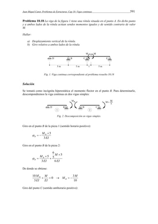Juan Miquel Canet. Problemas de Estructuras. Cap 10: Vigas continuas 591 
Problema 10.18 La viga de la figura 1 tiene una rótula situada en el punto A. En dicho punto 
y a ambos lados de la rótula actúan sendos momentos iguales y de sentido contrario de valor 
M. 
Hallar: 
a) Desplazamiento vertical de la rótula. 
b) Giro relativo a ambos lados de la rótula. 
Fig. 1. Viga continua correspondiente al problema resuelto 10.18 
Solución 
Se tomará como incógnita hiperestática el momento flector en el punto B. Para determinarlo, 
descompondremos la viga continua en dos vigas simples: 
Fig. 2. Descomposición en vigas simples. 
Giro en el punto B de la pieza 1 (sentido horario positivo): 
MB 
EI 
B 3 
 5 
   
Giro en el punto B de la pieza 2: 
M 
EI 
MB 
6 
B EI 
6 
5 
5 
3 
5  
 
 
  
De donde se obtiene: 
M 
10 0 M 3 
M 
10 
3 
M 
B      
EI 
EI 
B 
Giro del punto C (sentido antihorario positivo): 
 