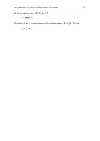 Juan Miquel Canet. Problemas de Estructuras. Cap 10: Vigas continuas 598 
c) Sustituyendo en MB o en M1 el valor de R 
M  0,0858 pL2 
El punto x10 en que el momento flector es nulo se obtendrá a partir de C  0 
f B M , o sea 
x 0,1716 L 10  
 
