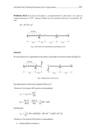 Juan Miquel Canet. Problemas de Estructuras. Cap 10: Vigas continuas 603 
Problema 10.23 En la pieza de la figura 1, el empotramiento E, desciende 1 cm y gira en 
sentido antihorario 2103 radianes. Hallar la ley de momentos flectores si el producto EI 
vale 
EI  104 kN m2 
Fig. 1 Estructura correspondiente al problema 10.23 
Solución 
Se corta la pieza en C separándola en dos partes y colocando el valor del cortante Q (figura 2) 
Fig. 2 Separación en dos piezas 
Para determinar el valor de Q se igualan flechas en C 
-Flecha en C de la pieza ABC (positiva si descendente) 
Q 
2 2 
EI 
C B 3 
3 
2      
2 4 
30 43 
B EI 1 40 2 
4 
 Q 
Q 
EI EI 
48 
  
 
 
 
  
Sustituyendo: 
2   1  80  6,667  8010  6,667 10 
 Q Q 
C EI 
4 4 
-Flecha en C de la pieza CDE (positivo si descendente): 
 Flecha debida al cortante Q 
 