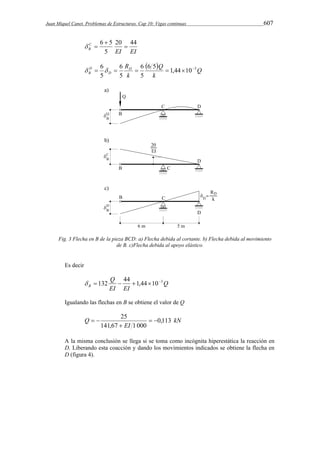 Juan Miquel Canet. Problemas de Estructuras. Cap 10: Vigas continuas 607 
6 5  
EI EI 
C 
B 
20 44 
 
5 
  
  Q 
Q 
k 
RD 
  6      
k 
D 
D 
B 
6 
6 5 1,44 10 3 
5 
6 
5 
5 
Fig. 3 Flecha en B de la pieza BCD: a) Flecha debida al cortante. b) Flecha debida al movimiento 
de B. c)Flecha debida al apoyo elástico. 
Es decir 
Q 
Q 
  132  44 1,44103 
EI EI 
B 
Igualando las flechas en B se obtiene el valor de Q 
kN 
25   
 
Q 0,113 
EI 
141,67 1 000 
  
A la misma conclusión se llega si se toma como incógnita hiperestática la reacción en 
D. Liberando esta coacción y dando los movimientos indicados se obtiene la flecha en 
D (figura 4). 
 