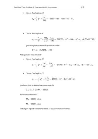 Juan Miquel Canet. Problemas de Estructuras. Cap 10: Vigas continuas 618 
 Giro en B de la pieza AB 
B 
M 166,67 10 5 1,03 10 5 
3 
  5  nt  B 
       
B M 
EI 
5 
2 
 Giro en B de la pieza BC 
M 233,333 10 5 1,44 10 5 0,72 10 5 
   7             
B C 
M 
7 
7 
nt B C 
B M M 
EI 
EI 
6 
3 
2 
Igualando giros se obtiene la primera ecuación 
2,47  0,72  400 B C M M 
Análogamente para el nudo C 
 Giro en C de la pieza BC 
M 233,33 10 5 0,72 10 5 1,44 10 5 
  7              
B C 
M 
7 
7 
nt B C 
C M M 
EI 
EI 
3 
6 
2 
 Giro en C de la pieza CD 
C 
M 5 5 433,33 10 2,67 10 
3 
  13 nt  C 
      
C M 
EI 
13 
2 
Igualando giros se obtiene la segunda ecuación 
0,72  4,11  666,66 B C M M 
Resolviendo el sistema: 
M kN m B  120,83 
M kN m C  141,04 
En la figura 3 puede verse representada la ley de momentos flectores. 
 