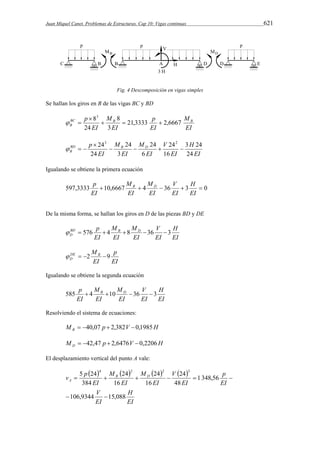 Juan Miquel Canet. Problemas de Estructuras. Cap 10: Vigas continuas 621 
Fig. 4 Descomposición en vigas simples 
Se hallan los giros en B de las vigas BC y BD 
M 
BC p B B 
B 21,3333 2,6667 
EI 
p 
EI 
M 
EI 
EI 
3 
8 
24 
83 
   
 
  
EI 
H 
BD p B D 
24 
B EI 
24 
V 
EI 
M 
EI 
M 
EI 
3 24 
16 
6 
24 
3 
24 
24 
243 2 
    
 
   
Igualando se obtiene la primera ecuación 
H 
V 
M 
M 
p B D 
597,3333 10,6667  4  36  3  0 
EI 
EI 
EI 
EI 
EI 
De la misma forma, se hallan los giros en D de las piezas BD y DE 
H 
EI 
 BD  576 p  4 B D 8 D 
36 V 
3 
EI 
M 
EI 
M 
EI 
EI 
p 
EI 
MDE B 
D   2 9 
EI 
Igualando se obtiene la segunda ecuación 
H 
EI 
585 p  4 B 10 D 36 V 
3 
EI 
M 
EI 
M 
EI 
EI 
Resolviendo el sistema de ecuaciones: 
M p V H B  40,07  2,382 0,1985 
M p V H D  42,47  2,6476 0,2206 
El desplazamiento vertical del punto A vale: 
        
5 24 4 2 2 3 
v p B D 
A 
      
H 
EI 
V 
EI 
p 
EI 
24 
EI 
V 
EI 
M 
EI 
M 
EI 
106,9344 15,088 
1 348,56 
48 
16 
24 
16 
24 
384 
  
 