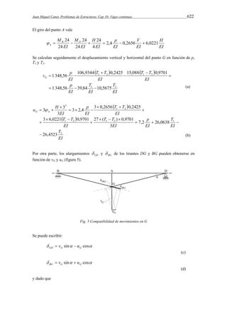 Juan Miquel Canet. Problemas de Estructuras. Cap 10: Vigas continuas 622 
El giro del punto A vale 
H 
EI 
24       V 
 
A 2,4 0,2656 6,0221 
EI 
p 
EI 
EI 
H 
MB D 
EI 
M 
EI 
4 
24 
24 
24 
24 
Se calculan seguidamente el desplazamiento vertical y horizontal del punto G en función de p, 
T1 y T2. 
    
1 348,56 106,9344 0,2425 15,088 0,9701 
1 2 1 2 
T 
EI 
T 
1 348,56 39,84 10,5675 
   
EI 
v p G 
p 
EI 
T T 
EI 
T T 
EI 
EI 
1 2 
 
 
 
 
  
(a) 
  
3 
3 3 
  
3 0,2656 0,2425 
3 6,0221 0,9701 27 ( ) 0,9701 
T 
EI 
T 
EI 
p 
EI 
T T 
T T 
1 2 
EI 
T T 
EI 
EI 
p 
EI 
EI 
u H G A 
2 
1 2 1 2 1 
26,4523 
7,2 26,0638 
3 
3 2,4 
3 
 
   
   
 
  
 
 
  
   
 
   
(b) 
Por otra parte, los alargamientos GD  y BG  de los tirantes DG y BG pueden obtenerse en 
función de vG y uG (figura 5). 
Fig. 5 Compatibilidad de movimientos en G 
Se puede escribir: 
 sin cos GD G G  v  u 
(c) 
 sin cos BG G G  v  u 
(d) 
y dado que 
 