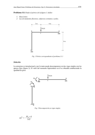 Juan Miquel Canet. Problemas de Estructuras. Cap 11: Estructuras reticuladas 630 
Problema 11.1 Dado el pórtico de la figura 1, hallar: 
1. Reacciones. 
2. Ley de momentos flectores, esfuerzos cortantes y axiles. 
Fig. 1 Pórtico correspondiente al problema 11.1 
Solución 
La estructura es intraslacional y por lo tanto puede descomponerse en dos vigas simples con los 
apoyos fijos (figura 2). El valor del momento hiperestático en B se obtendrá estableciendo la 
igualdad de giros 
Fig. 2 Descomposición en vigas simples 
AB MB 
B 3 
 4 
EI 
   
 