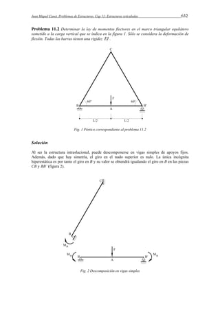 Juan Miquel Canet. Problemas de Estructuras. Cap 11: Estructuras reticuladas 632 
Problema 11.2 Determinar la ley de momentos flectores en el marco triangular equilátero 
sometido a la carga vertical que se indica en la figura 1. Sólo se considera la deformación de 
flexión. Todas las barras tienen una rigidez EI . 
Fig. 1 Pórtico correspondiente al problema 11.2 
Solución 
Al ser la estructura intraslacional, puede descomponerse en vigas simples de apoyos fijos. 
Además, dado que hay simetría, el giro en el nudo superior es nulo. La única incógnita 
hiperestática es por tanto el giro en B y su valor se obtendrá igualando el giro en B en las piezas 
CB y BB’ (figura 2). 
Fig. 2 Descomposición en vigas simples 
 