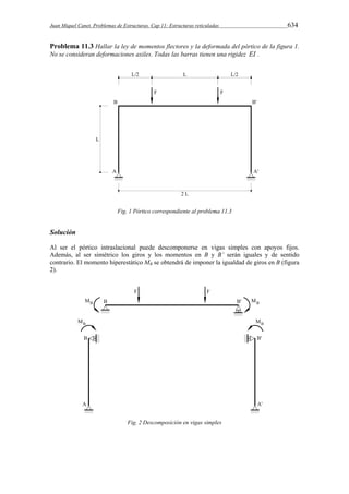 Juan Miquel Canet. Problemas de Estructuras. Cap 11: Estructuras reticuladas 634 
Problema 11.3 Hallar la ley de momentos flectores y la deformada del pórtico de la figura 1. 
No se consideran deformaciones axiles. Todas las barras tienen una rigidez EI . 
Fig. 1 Pórtico correspondiente al problema 11.3 
Solución 
Al ser el pórtico intraslacional puede descomponerse en vigas simples con apoyos fijos. 
Además, al ser simétrico los giros y los momentos en B y B’ serán iguales y de sentido 
contrario. El momento hiperestático MB se obtendrá de imponer la igualdad de giros en B (figura 
2). 
Fig. 2 Descomposición en vigas simples 
 