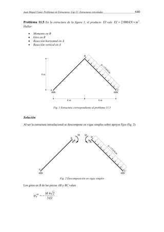 Juan Miquel Canet. Problemas de Estructuras. Cap 11: Estructuras reticuladas 640 
Problema 11.5 En la estructura de la figura 1, el producto EI vale EI  2 000kN m2 . 
Hallar: 
 Momento en B 
 Giro en B 
 Reacción horizontal en A 
 Reacción vertical en A 
Fig. 1 Estructura correspondiente al problema 11.5 
Solución 
Al ser la estructura intraslacional se descompone en vigas simples sobre apoyos fijos (fig. 2) 
Fig. 2 Descomposición en vigas simples 
Los giros en B de las piezas AB y BC valen 
EI 
AB M 
B 3 
   4 2 
 