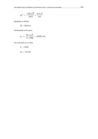 Juan Miquel Canet. Problemas de Estructuras. Cap 11: Estructuras reticuladas 641 
  
EI 
M 
15 4 2 3 
BC 
B 3 
    
EI 
4 2 
24 
Igualando se obtiene 
M  30kN m 
Sustituyendo en los giros 
30  
4 2   
 
rdn B 0,0283 
3 2 000 
   
Las reacciones en A valen 
V kN A  30 
H kN A  37,5 
 
