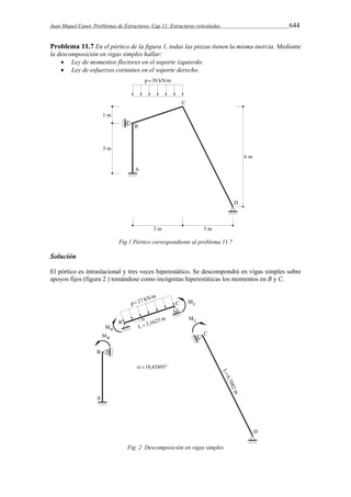 Juan Miquel Canet. Problemas de Estructuras. Cap 11: Estructuras reticuladas 644 
Problema 11.7 En el pórtico de la figura 1, todas las piezas tienen la misma inercia. Mediante 
la descomposición en vigas simples hallar: 
 Ley de momentos flectores en el soporte izquierdo. 
 Ley de esfuerzos cortantes en el soporte derecho. 
Fig 1 Pórtico correspondiente al problema 11.7 
Solución 
El pórtico es intraslacional y tres veces hiperestático. Se descompondrá en vigas simples sobre 
apoyos fijos (figura 2 ) tomándose como incógnitas hiperestáticas los momentos en B y C. 
Fig .2 Descomposición en vigas simples 
 