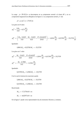 Juan Miquel Canet. Problemas de Estructuras. Cap 11: Estructuras reticuladas 645 
La carga p  30 kN m se descompone en su componente normal a la barra BC y en su 
componente tangencial (no dibujada en la figura 2 ). La componente normal p' vale 
p' p cos2  27 kN m 
Los giros en B valen: 
AB M M 
B 0,75 
B 
B EI 
3    
EI 
4 
  
M 
 
  
M BC B C B C 
B 
EI EI 
M 
EI 
27 3,1623 
EI EI 
M 
EI 
1,0541 0,52705 35,5759 1 
24 
6 
3,1623 
3 
3,1623 3 
      
  
 
 
 
 
   
Igualando: 
1,8041  0,52705  35,5759 B C M M 
Los giros en C valen 
  1,0541 0,52705 35,5759 
24 
BC M  
C 27 3,1623 
C B 
C 3 
3,1623 3 
M 
M 
   
 
 
 
 
EI 
EI 
EI EI 
DC M M 
C 2,2361 
C 
C EI 
EI 
3 
6,7082   
 
   
Igualando: 
0,52705  3,2902  35,5759 B C M M 
Con lo cual el sistema de ecuaciones queda: 
1,8041  0,52705  35,5759 B C M M 
0,52705  3,2902  35,5759 B C M M 
Resolviendo 
M kN m B  17,3736  
M kN m C  8,02971  
En la figura 3 puede verse representada la ley de momentos flectores y cortantes. 
 
