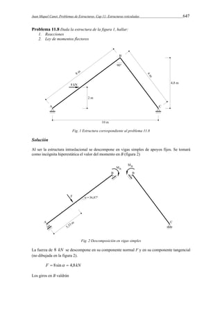 Juan Miquel Canet. Problemas de Estructuras. Cap 11: Estructuras reticuladas 647 
Problema 11.8 Dada la estructura de la figura 1, hallar: 
1. Reacciones 
2. Ley de momentos flectores 
Fig. 1 Estructura correspondiente al problema 11.8 
Solución 
Al ser la estructura intraslacional se descompone en vigas simples de apoyos fijos. Se tomará 
como incógnita hiperestática el valor del momento en B (figura 2) 
Fig. 2 Descomposición en vigas simples 
La fuerza de 8 kN se descompone en su componente normal F y en su componente tangencial 
(no dibujada en la figura 2). 
F  8sin  4,8kN 
Los giros en B valdrán 
 