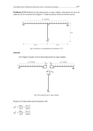 Juan Miquel Canet. Problemas de Estructuras. Cap 11: Estructuras reticuladas 657 
Problema 11.12 Mediante la descomposición en vigas simples, determinar las leyes de 
esfuerzos de la estructura de la figura 1. Todas las piezas tienen la misma inercia. 
Fig.1 Estructura correspondiente al problema 11.12 
Solución 
En la figura 2 puede verse la descomposición en vigas simples. 
Fig.2 Descomposición en vigas simples 
El giro en B para cada una de las piezas vale: 
MAB BA 
B 24 
6  3 
15 6 
   
E I E I 
3 
MBC BC 
B 24 
5  3 
15 5 
   
E I E I 
3 
 