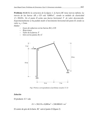 Juan Miquel Canet. Problemas de Estructuras. Cap 11: Estructuras reticuladas 662 
Problema 11.14 En la estructura de la figura 1, la barra BC tiene inercia infinita. La 
inercia de las barras AB y CD vale 0,008 m4 , siendo su módulo de elasticidad 
E  30GPa . En el punto B actúa una fuerza horizontal F de valor desconocido. 
Experimentalmente se ha podido medir el movimiento horizontal del punto B, siendo su 
valor u mm B  2 . 
Hallar: 
- Leyes de esfuerzos en las barras BA y CD 
- Reacciones 
- Valor de la fuerza F 
- Giro en los puntos B y C 
Fig.1 Pórtico correspondiente al problema resuelto 11.14 
Solución 
El producto E I vale 
E I  30G Pa  0,008m4  240.000kN m2 
El centro de giro de la barra BC será el punto O (figura 2) 
 