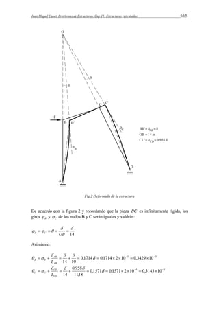 Juan Miquel Canet. Problemas de Estructuras. Cap 11: Estructuras reticuladas 663 
Fig.2 Deformada de la estructura 
De acuerdo con la figura 2 y recordando que la pieza BC es infinitamente rígida, los 
giros B  y C  de los nudos B y C serán iguales y valdrán: 
  
14 
     
B C OB 
Asimismo: 
0,1714 0,1714 2 10 3 0,3429 10 3 
   
             
14 10 
  
AB 
AB 
B B L 
0,1571 0,1571 2 10 3 0,3143 10 3 
   
0,958 
             
11,18 
14 
  
CD 
C C L 
CD 
 